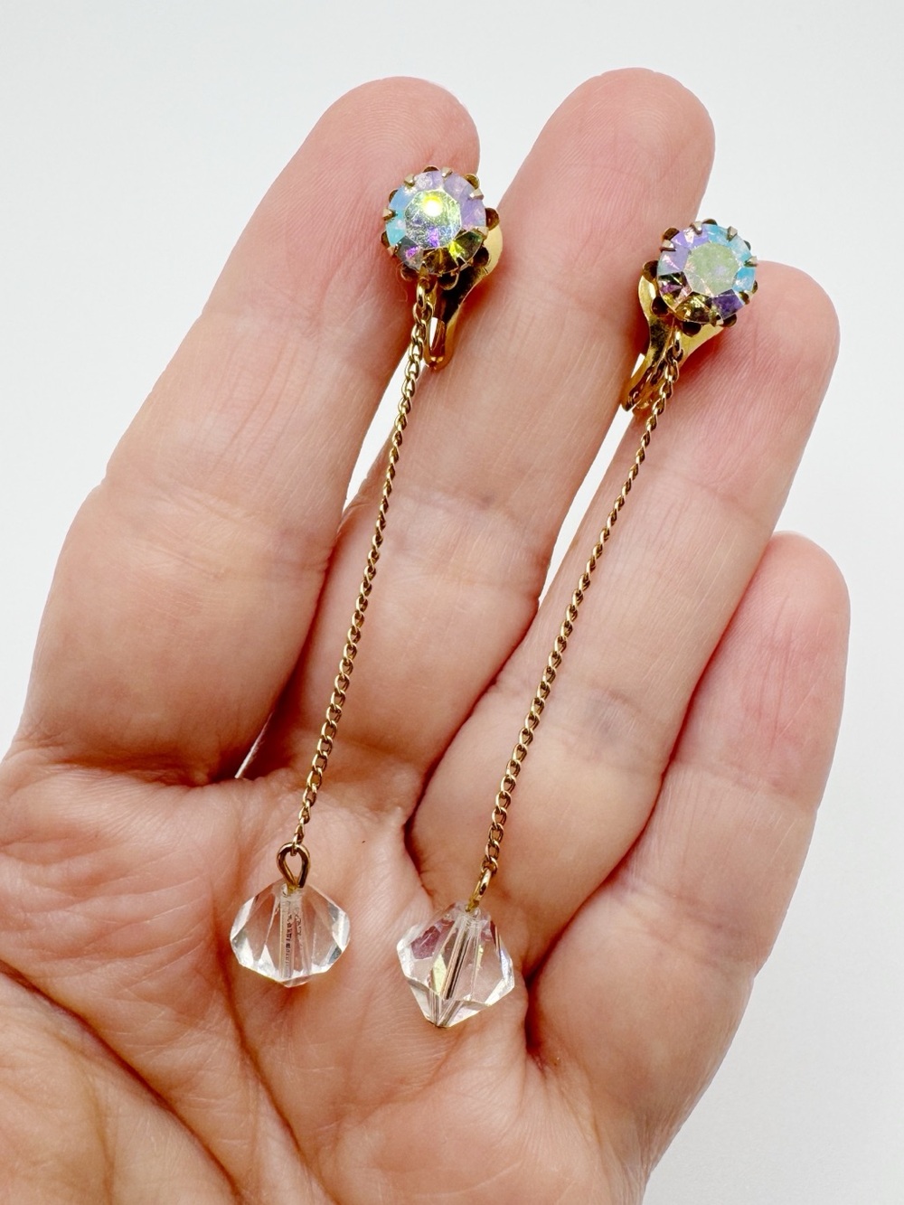 Coro Gold-Tone Screw Back Drop Earrings - Aurora AB Rhinestones Clear Crystal